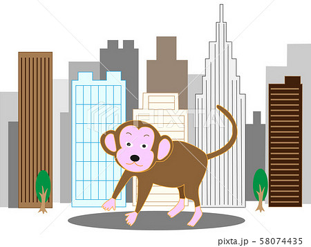 住宅街やビル街に出没する野生の猿のイラスト素材
