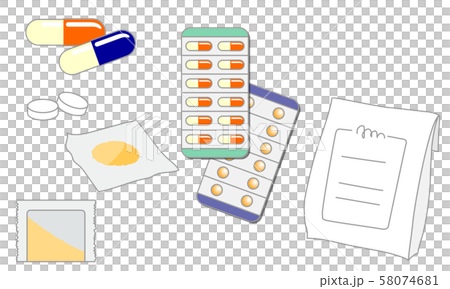 插圖的一組藥物，例如膠囊，片劑和散劑 58074681