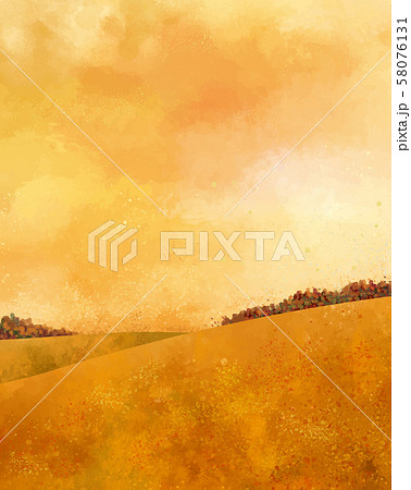 草原 丘 大地 夕焼け 景色 秋 空 自然 背景 水彩 手描き のイラスト素材