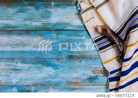 Shofar horn and tallit jewish holiday with 58077223
