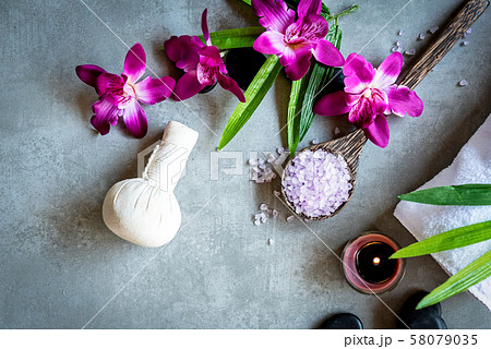 Thai Spa. Top view of hot stones setting Thai Spa. Top view of hot stones setting 58079035