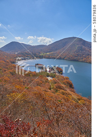 秋の赤城 黒檜山の中腹より大沼、赤城神社、地蔵岳方面を見る 58079836