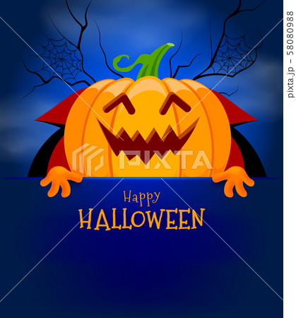 Cartoon pumpkin holding blank paper banner for text. 58080988