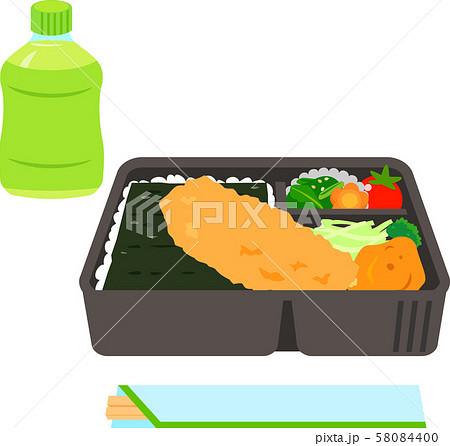 海苔弁当とペットボトル入りのお茶と割り箸 海苔弁当とペットボトル入りのお茶と割り箸 58084400