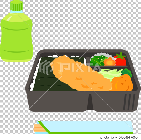 海苔弁当とペットボトル入りのお茶と割り箸 海苔弁当とペットボトル入りのお茶と割り箸 58084400