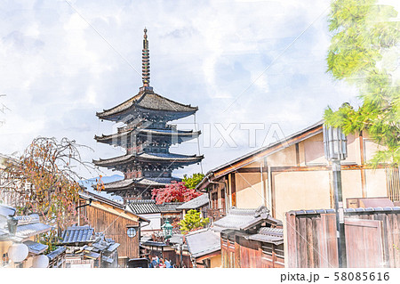 日本の風景 京都 三年坂から望む八坂の塔のイラスト素材