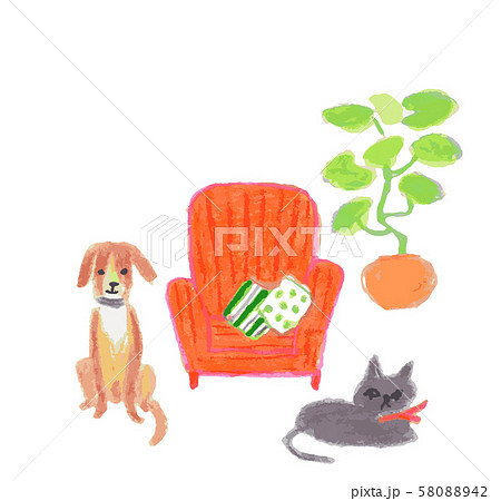 赤いソファーと猫と犬のイラスト素材