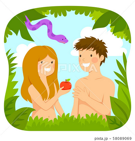Happy Adam And Eve From The Bible With An Apple のイラスト素材