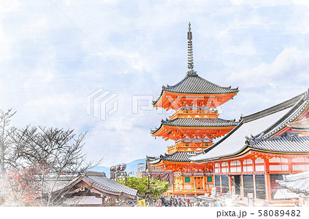 日本の風景 京都 清水寺 三重塔のイラスト素材 5804