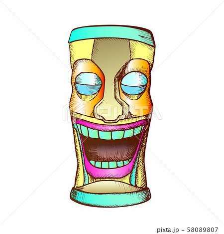 Tiki Idol Carved Wooden Crying Totem Color Vector 58089807