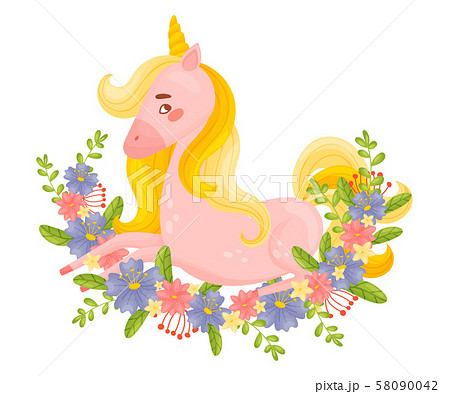 Pretty Pink Unicorn Lying On Ornate Flower Garland Vector Illustration Isolated On White Background 58090042