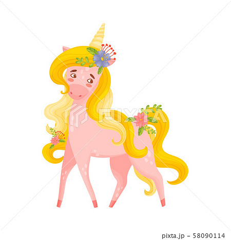 Pink Unicorn Female With Flowers In Hair Vector Illustration 58090114