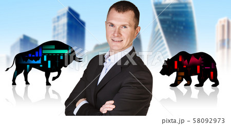Businessman in the middle of silhouettes bull and bear financial icons. Businessman in the middle of silhouettes bull and bear financial icons. 58092973