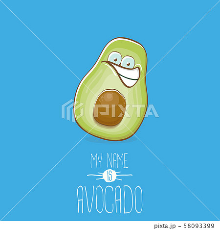 funny cartoon cute green avocado character isolated on blue background. My name is avocado vector 58093399