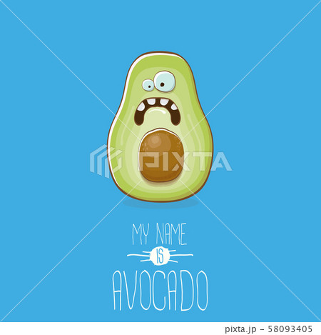 funny cartoon cute green avocado character isolated on blue background. My name is avocado vector 58093405