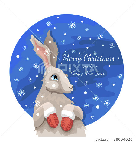 Christmas card with a hare, a congratulation merry Christmas, mittens on pads 58094020