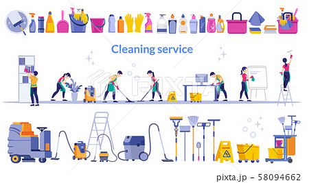 Cleaning service. Team of cleaning service working at office and a large set cleaning tool. Cleaning service. Team of cleaning service working at office and a large set cleaning tool. 58094662