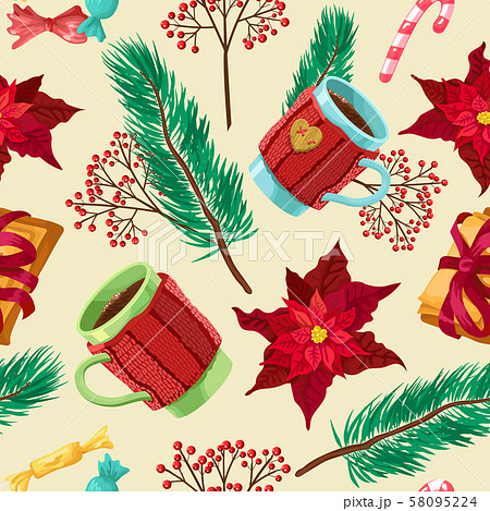 Seamless pattern, Christmas morning, fir-trees and circles with drink. Vector drawing 58095224