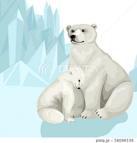 White polar bear with baby cub. Sit on the snow among the mountains of ice. Vector print card design White polar bear with baby cub. Sit on the snow among the mountains of ice. Vector print card design 58096536