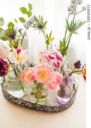 Tulips in glass jars on a tray in white room Tulips in glass jars on a tray in white room 58099953