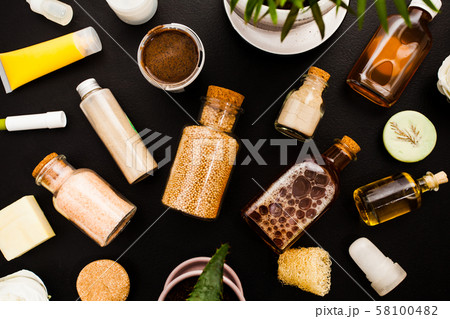 Flat lay organic cosmetic in vintage bottles Flat lay organic cosmetic in vintage bottles 58100482