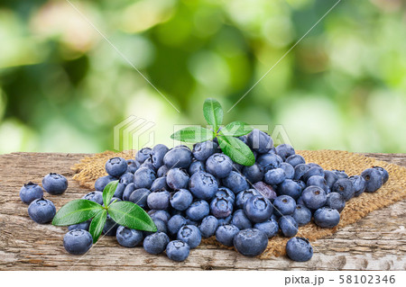 fresh blueberry with leaves on table isolated on white background closeup 58102346