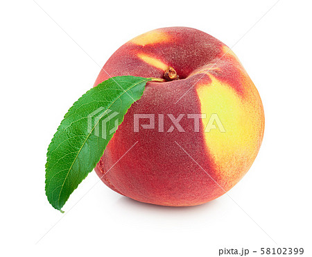Ripe peach fruit with leaf isolated on white background 58102399
