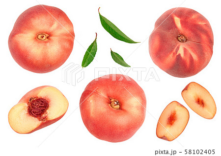 Ripe chinese flat peach fruit and half with leaf isolated on white background. Top view. Flat lay 58102405
