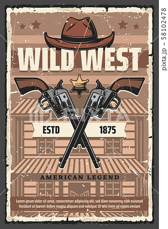 Wild West saloon, revolvers and cowboy hat 58102478