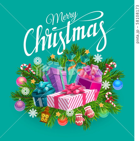 Christmas gifts, presents and Xmas tree branches 58108173