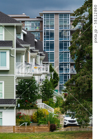 Facades of residential buildings in Vancouver, Canada. 58112860
