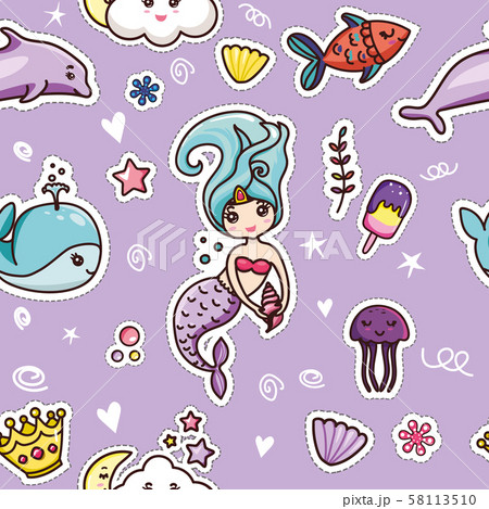 Cute Kawai Seamless Pattern on Purple Background 58113510