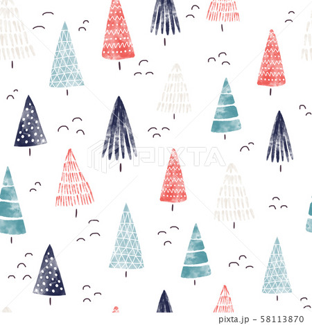 Christmas Watercolor background. Seamless pattern hand drawn trees. Decorative holiday background Christmas Watercolor background. Seamless pattern hand drawn trees. Decorative holiday background 58113870