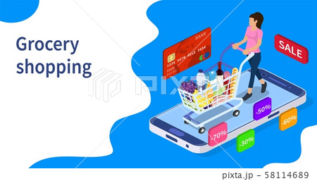 Isometric woman with shopping cart. 58114689