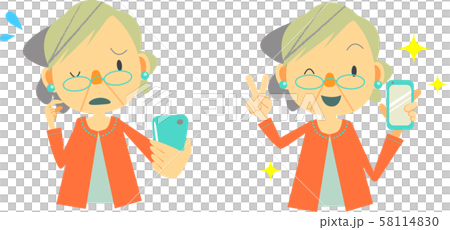 シニア 女性 スマホデビューのイラスト素材
