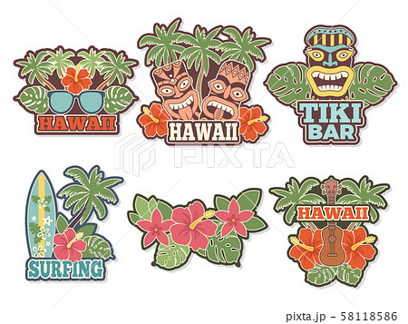 Different colored stickers and badges set with symbols of hawaiian culture Different colored stickers and badges set with symbols of hawaiian culture 58118586