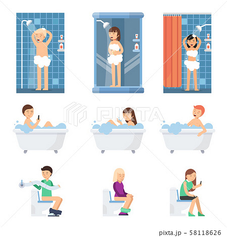 Male and women take a shower in bathroom. Flat illustrations of flat peoples Male and women take a shower in bathroom. Flat illustrations of flat peoples 58118626