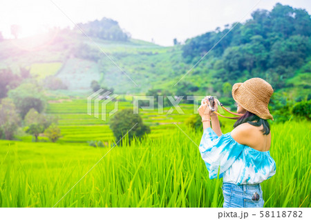 tourist take picture rice field terrace at Chiang 58118782