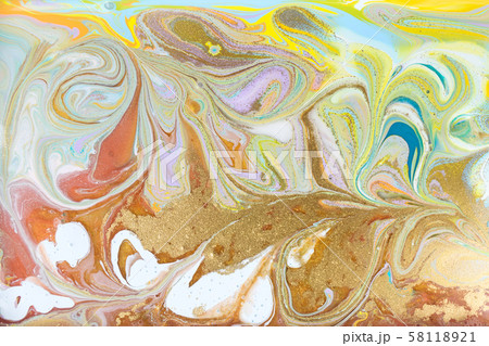 Colorful pastel marble pattern with golden glitter. Abstract liquid background 58118921