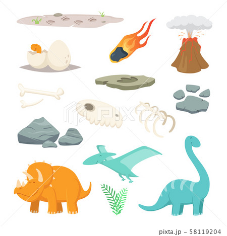 Dinosaurs, stones and other different symbols of prehistoric period Dinosaurs, stones and other different symbols of prehistoric period 58119204