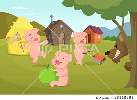 Three little pigs near their small houses and scary wolf 58119293