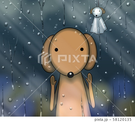 窓硝子に滴れる雨の雫、照る照る坊主で晴れることを願うイヌさん 58120135