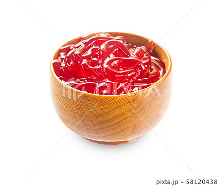 Classic Strawberry Jam in wooden bowl. 58120438