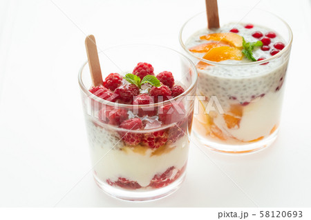 Two glass of parfait made from Greek yogurt with Mixed Berries on a white backgrounds. Healthy Two glass of parfait made from Greek yogurt with Mixed Berries on a white backgrounds. Healthy 58120693