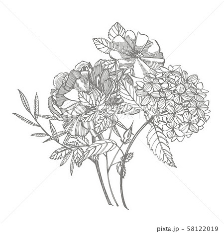 Bouquet. Spring Flowers and twigs. Peonies, Hydrangea, Rose. Vintage botanical illustration. Black 58122019