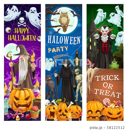 Halloween ghosts, dracula vampire, pumpkins, bats 58122512