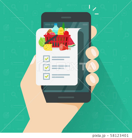 Grocery shopping list app on cellphone or smartphone vector illustration, flat cartoon person Grocery shopping list app on cellphone or smartphone vector illustration, flat cartoon person 58123401
