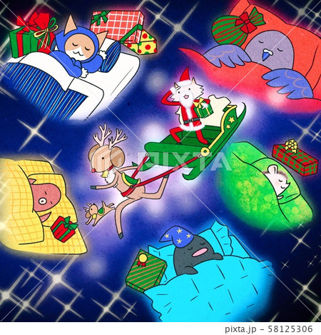 クリスマスで良い子の枕元にプレゼントを届けるサンタとトナカイのイラスト素材