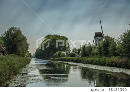 Old windmill next to canal with bushes and grove near Damme Old windmill next to canal with bushes and grove near Damme 58125590
