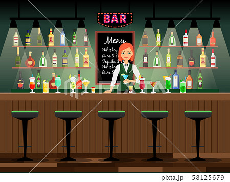 Bar Counter With Bartender Ladyのイラスト素材